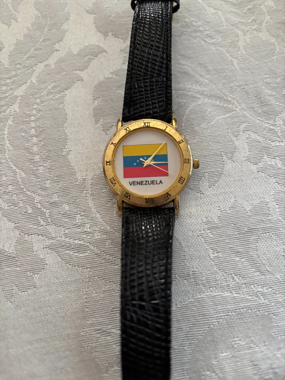 Venezuela Flag Watch With Leather Band Gold Trim Face